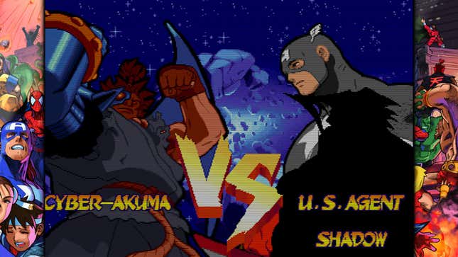 Marvel Super Heroes VS Cyber ​​Akuma, U.S. Agent and The Shadow on the screen.